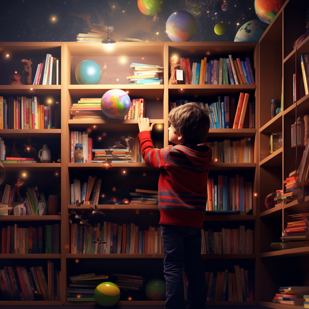 Jeune enfant cherchant un livre dans une bibliothèque magique remplie d'étoiles, de planètes et de merveilles, incarnant l'imagination illimitée que la lecture peut inspirer