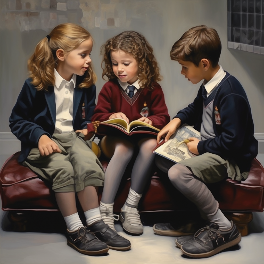 Three children engrossed in reading books together, exemplifying the shared joy and discovery that reading can bring