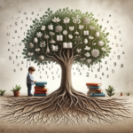 Childs Development Through Reading - horizonlecture A young child stands under a tree with book-shaped roots and branches with words and numbers, symbolizing the growth of early literacy and cognitive skills