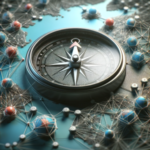 A detailed compass rests atop a stylized map of web links and nodes, symbolizing guidance through the vast landscape of online resources and information