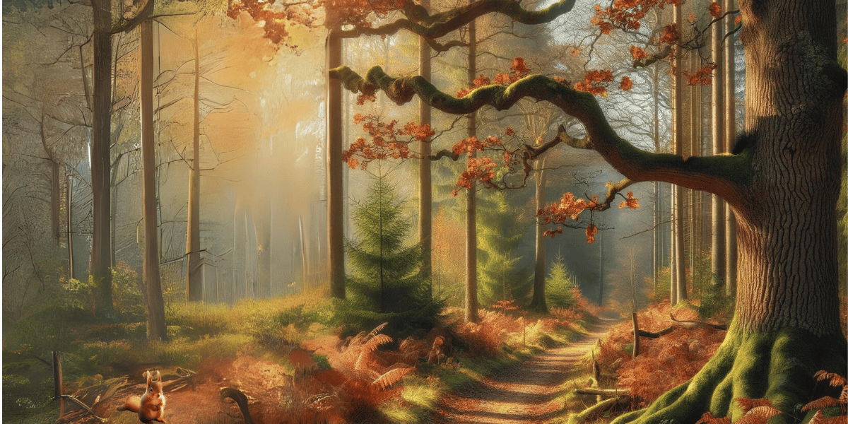 Invitation to outdoor activities. A majestic oak in the heart of a forest, evoking the warmth and beauty of late autumn.