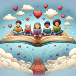 Flight of Empathy and Unity - horizonlecture Diverse young children reading atop a magical book-carpet in the sky, with heart-shaped clouds around them, depicting the shared joy and empathy of reading