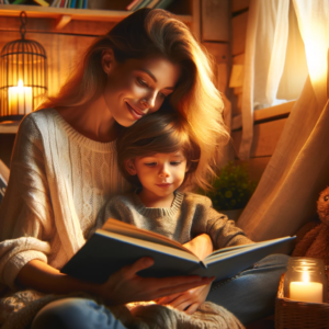 A parent and child enjoy reading a book in a cozy nook, highlighting the bonding experience of shared storytelling.