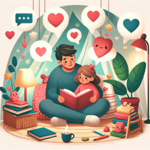 A young child and parent enjoy reading together in a cozy corner adorned with hearts and speech bubbles, symbolizing love and communication