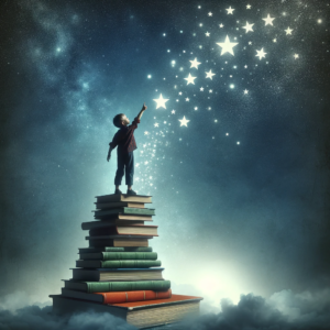 Reach Beyond the Stars - horizonlecture A child atop a pile of books stretches towards a starry sky, symbolizing the aspiration and potential unlocked through reading