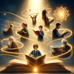 Readings Impact from Childhood to Adulthood - horizonlecture A visual narrative showing a child, student, and adult connected by a golden thread from a book, symbolizing the continuous influence of reading throughout life