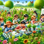 Children in a garden using magnifying glasses to closely observe plant life, demonstrating the hands-on learning of plant biology and ecosystems.