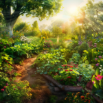 Sun-drenched garden at dawn with vibrant flowers and lush foliage, symbolizing nature's awakening and growth.