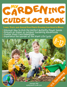 Cover of 'My Gardening Guide & Log Book' showing children planting in a garden, promoting discovery and growth for ages 8-12.