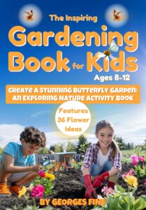 Book cover for ‘The Inspiring Gardening Book for Kids Ages 8-12’ with children gardening, colorful flowers, butterflies, and a bright blue sky. Features tagline: ‘Create a Stunning Butterfly Garden’.